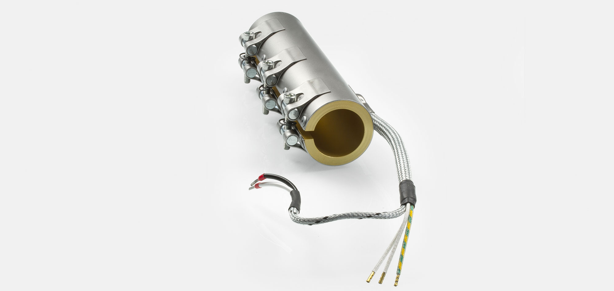 Nozzle Band Heater, for operating temperatures up to 450°C/550°C, injection molding, energy-efficient design, homogeneous heat flow, holes, cutouts, thermocouple connector, integrated thermocouple, special contour, tight installation space,cable extrusion