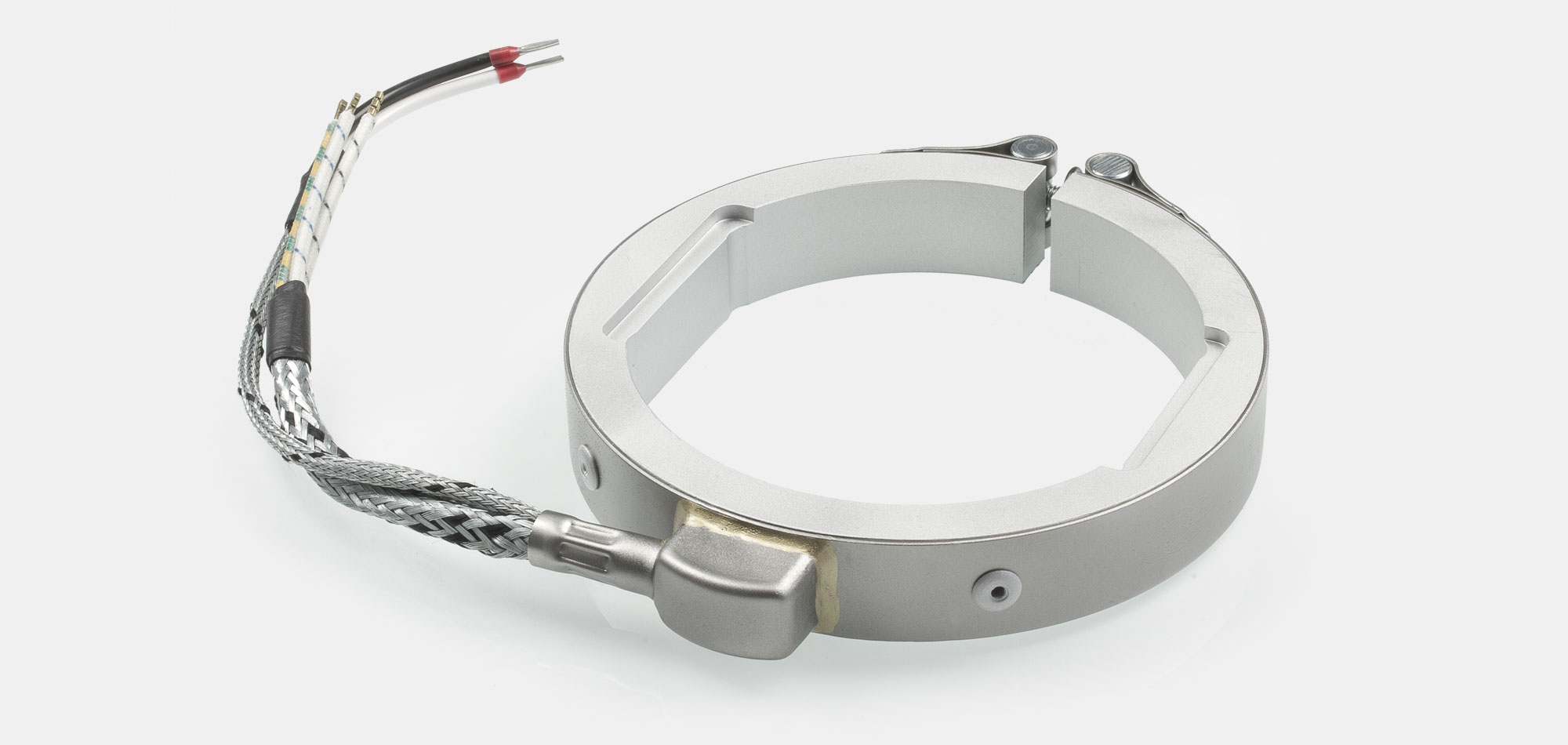 Nozzle Band Heater, for operating temperatures up to 450°C/550°C, injection molding, energy-efficient design, homogeneous heat flow, holes, cutouts, thermocouple connector, integrated thermocouple, special contour, tight installation space,cable extrusion