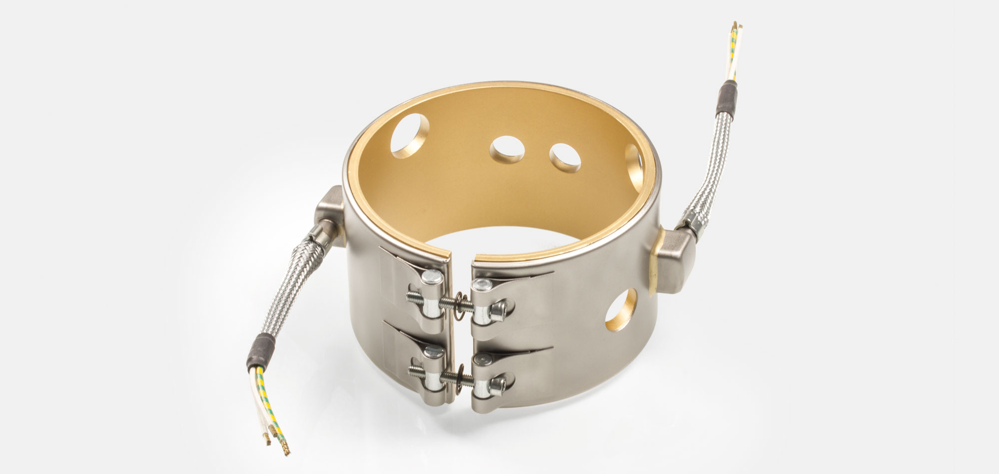 Nozzle Band Heater, for operating temperatures up to 450°C/550°C, injection molding, energy-efficient design, homogeneous heat flow, holes, cutouts, thermocouple connector, integrated thermocouple, special contour, tight installation space,cable extrusion