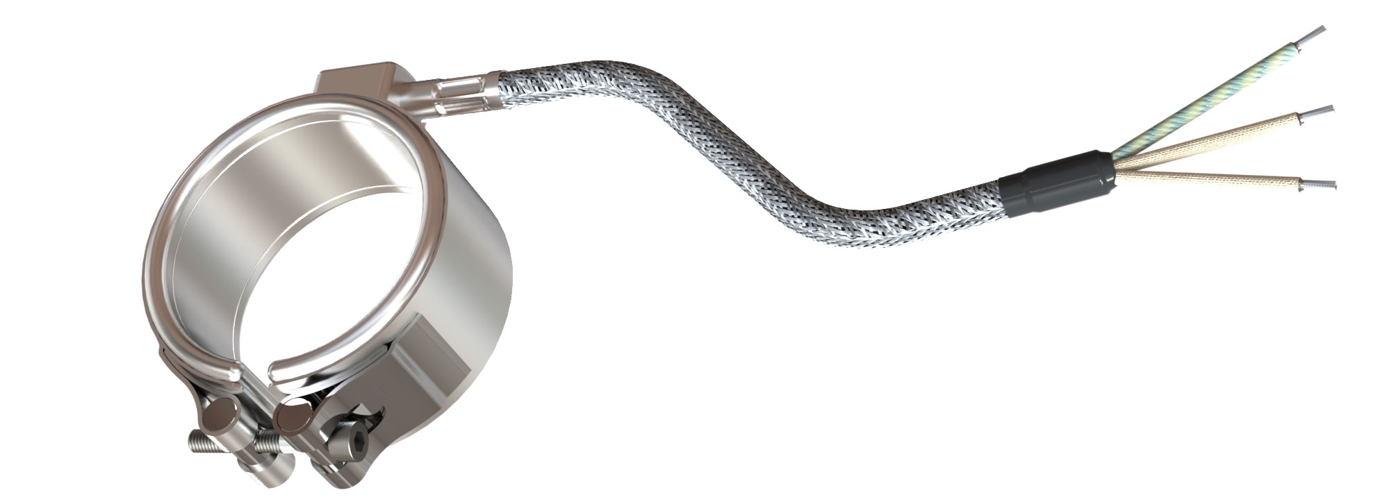 High performance Nozzle Band Heater, operating temperatures up to 600°C, injection molding, cutouts, thermocouple connector, integrated thermocouple, tight installation space, demanding materials, PTFE-PEEK processing, reduced cycle times, cable extrusion