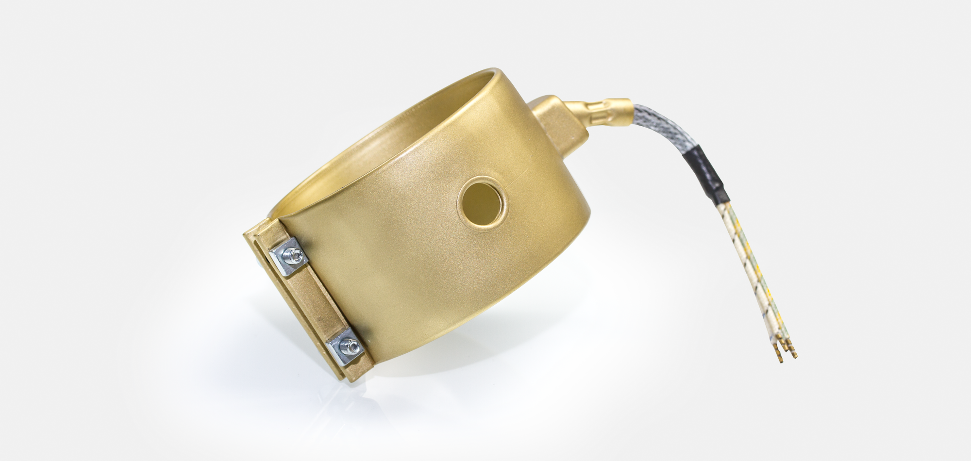 Standard Nozzle Band Heaters in stainless steel and brass, for temperatures up to 280°C/350°C, injection molding, holes, cutouts, thermocouple connector or separate leaf sensor, original accessories on all common machine types