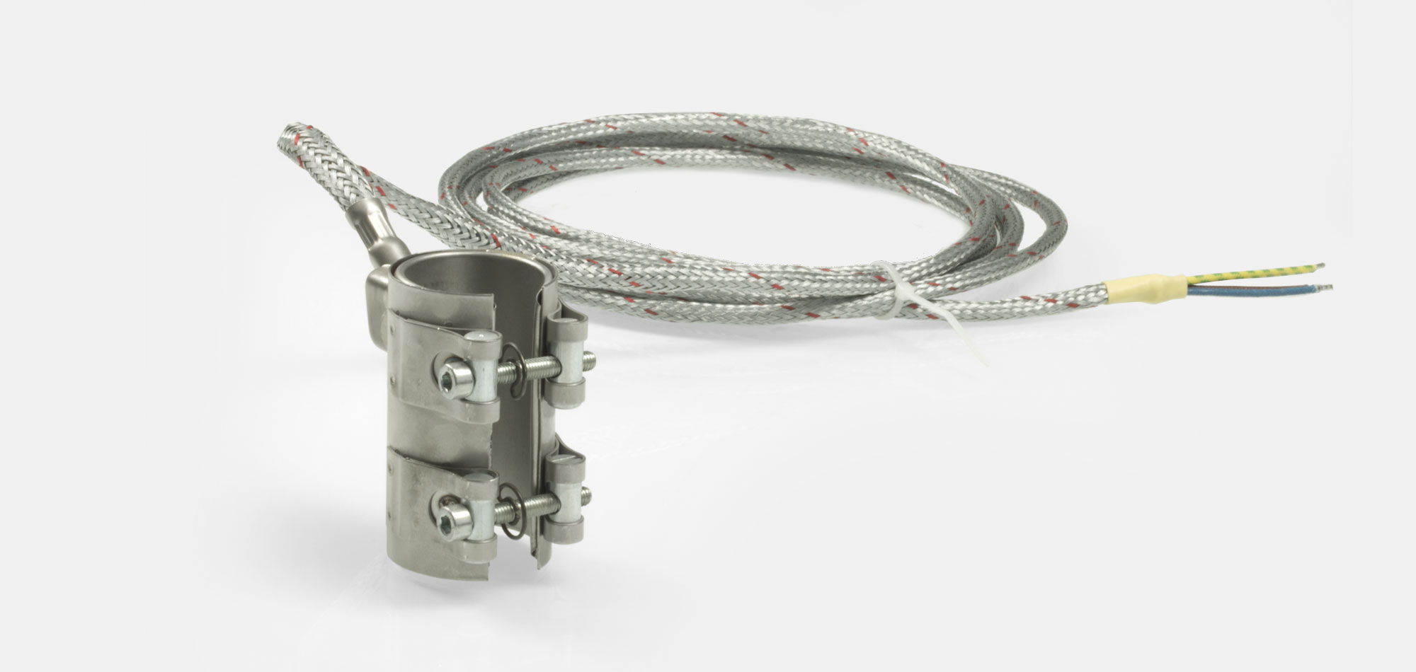 Standard Nozzle Band Heaters in stainless steel and brass, for temperatures up to 280°C/350°C, injection molding, holes, cutouts, thermocouple connector or separate leaf sensor, original accessories on all common machine types