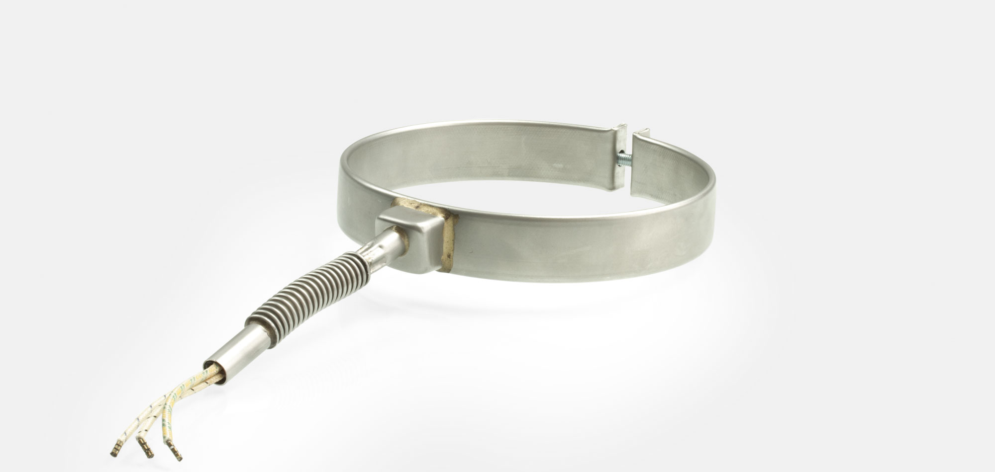Standard Nozzle Band Heaters in stainless steel and brass, for temperatures up to 280°C/350°C, injection molding, holes, cutouts, thermocouple connector or separate leaf sensor, original accessories on all common machine types