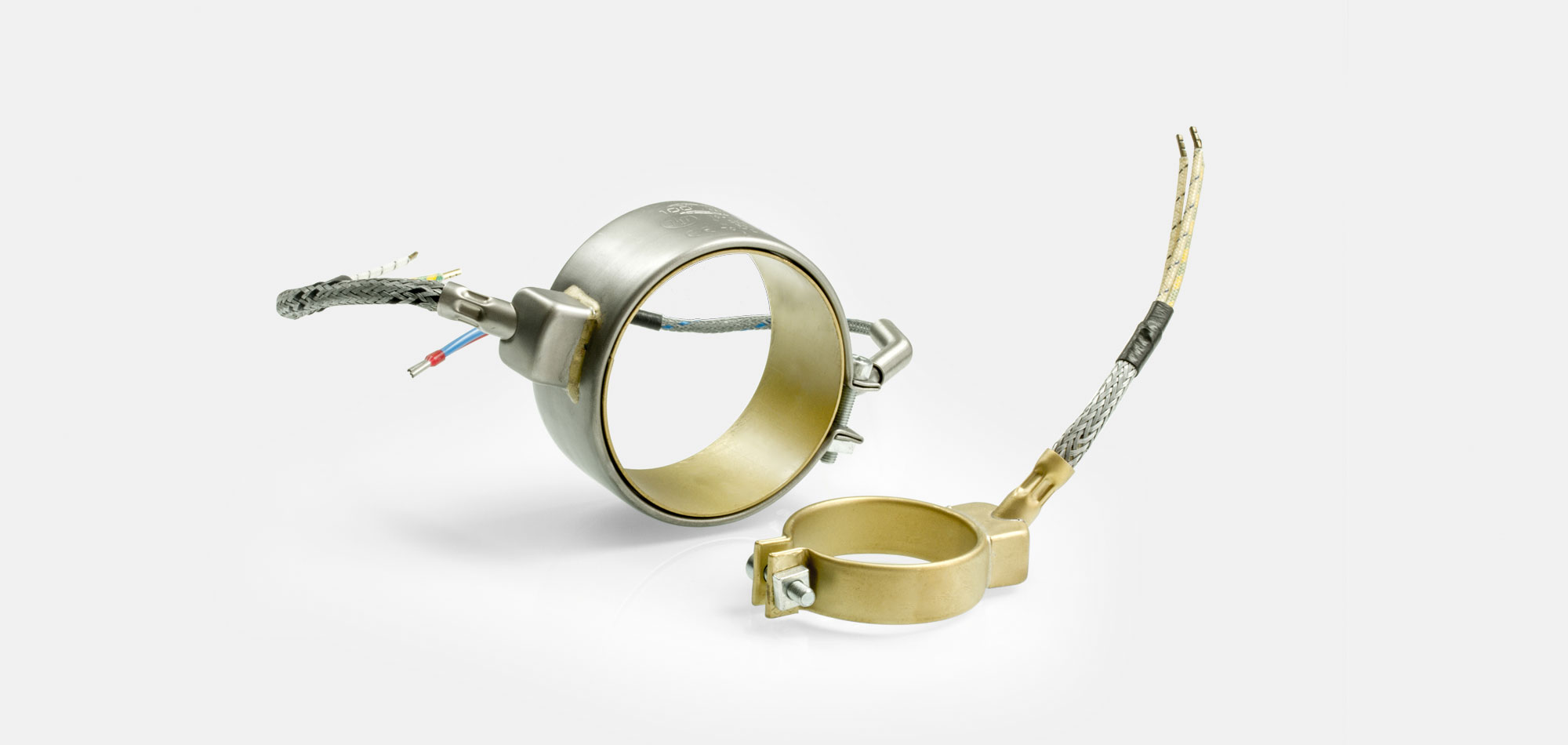 Standard Nozzle Band Heaters in stainless steel and brass, for temperatures up to 280°C/350°C, injection molding, holes, cutouts, thermocouple connector or separate leaf sensor, original accessories on all common machine types
