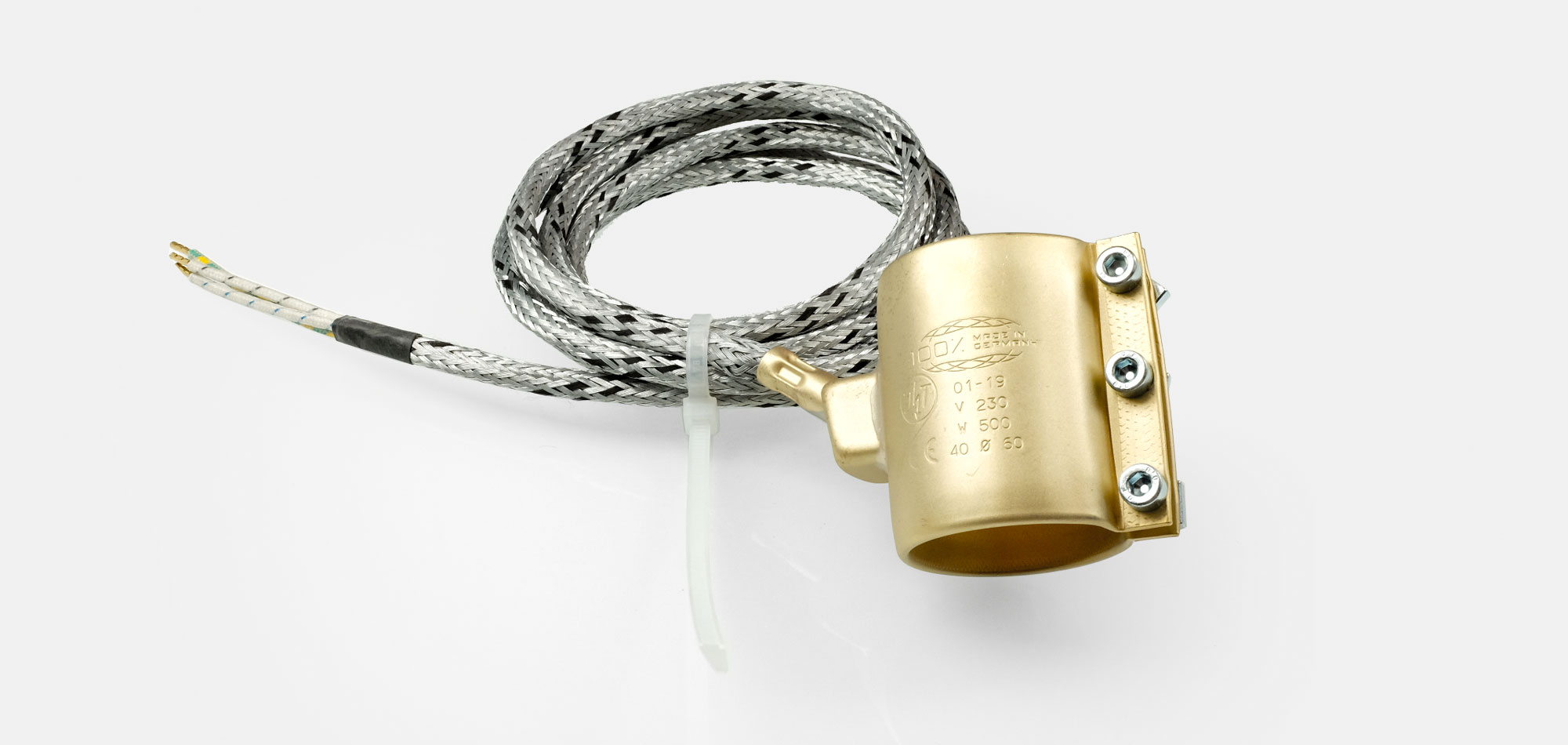 Standard Nozzle Band Heaters in stainless steel and brass, for temperatures up to 280°C/350°C, injection molding, holes, cutouts, thermocouple connector or separate leaf sensor, original accessories on all common machine types