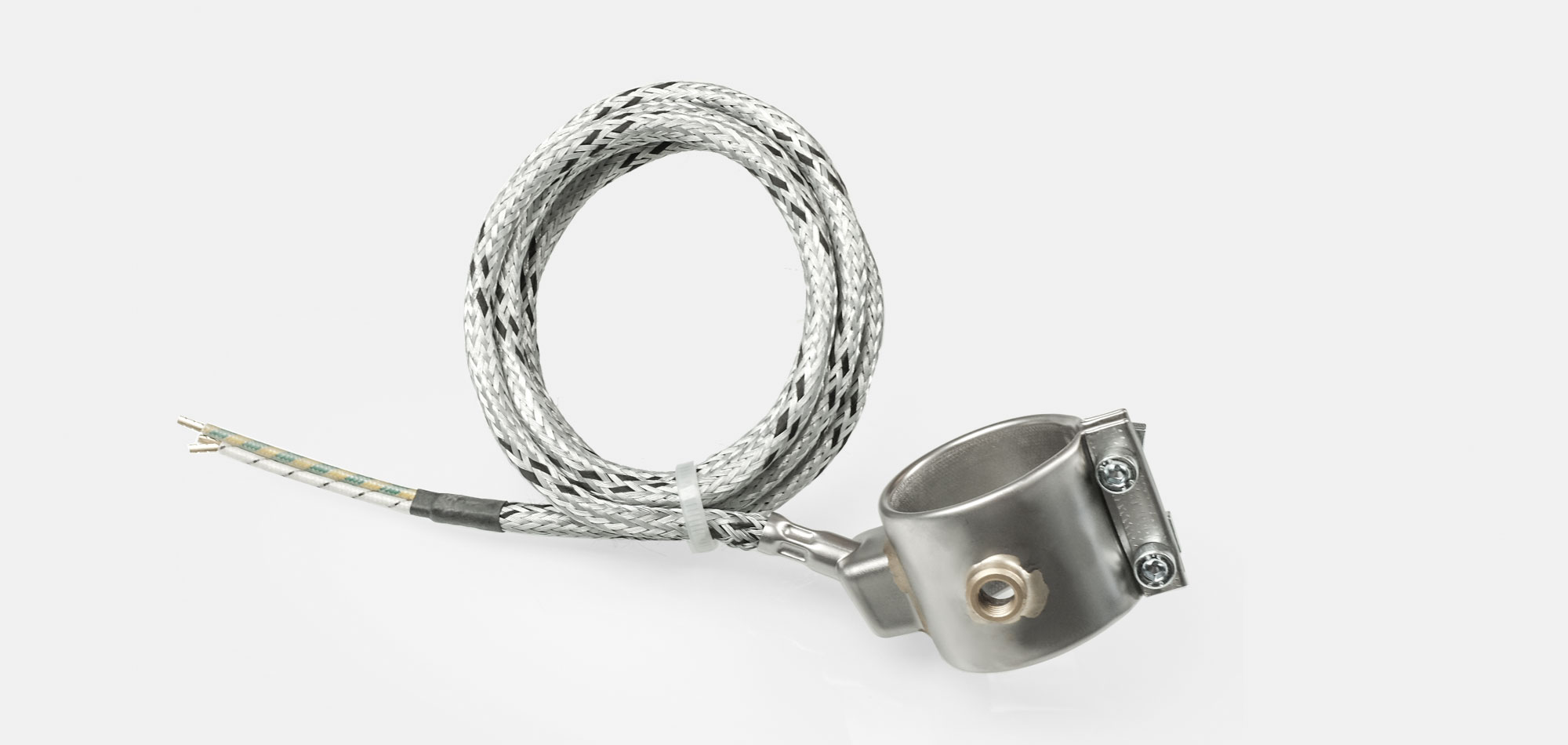 Standard Nozzle Band Heaters in stainless steel and brass, for temperatures up to 280°C/350°C, injection molding, holes, cutouts, thermocouple connector or separate leaf sensor, original accessories on all common machine types