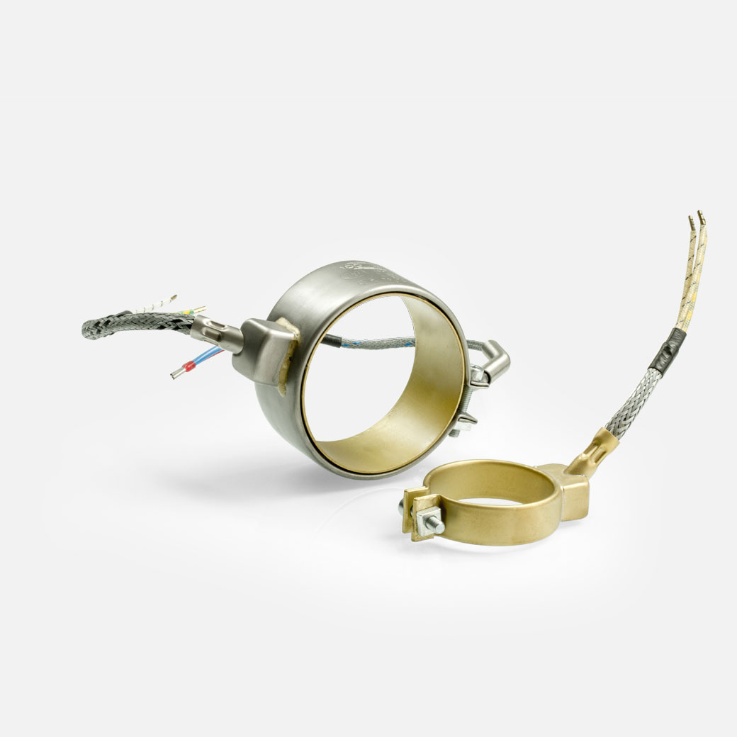 Standard Nozzle Band Heaters in stainless steel and brass, for temperatures up to 280°C/350°C, injection molding, holes, cutouts, thermocouple connector or separate leaf sensor, original accessories on all common machine types