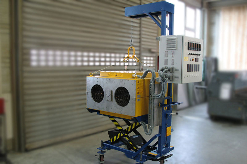 Transition Ovens with tubular heating elements in half-shell construction that can be opened in half by means of a counterweight to heat plastic profiles